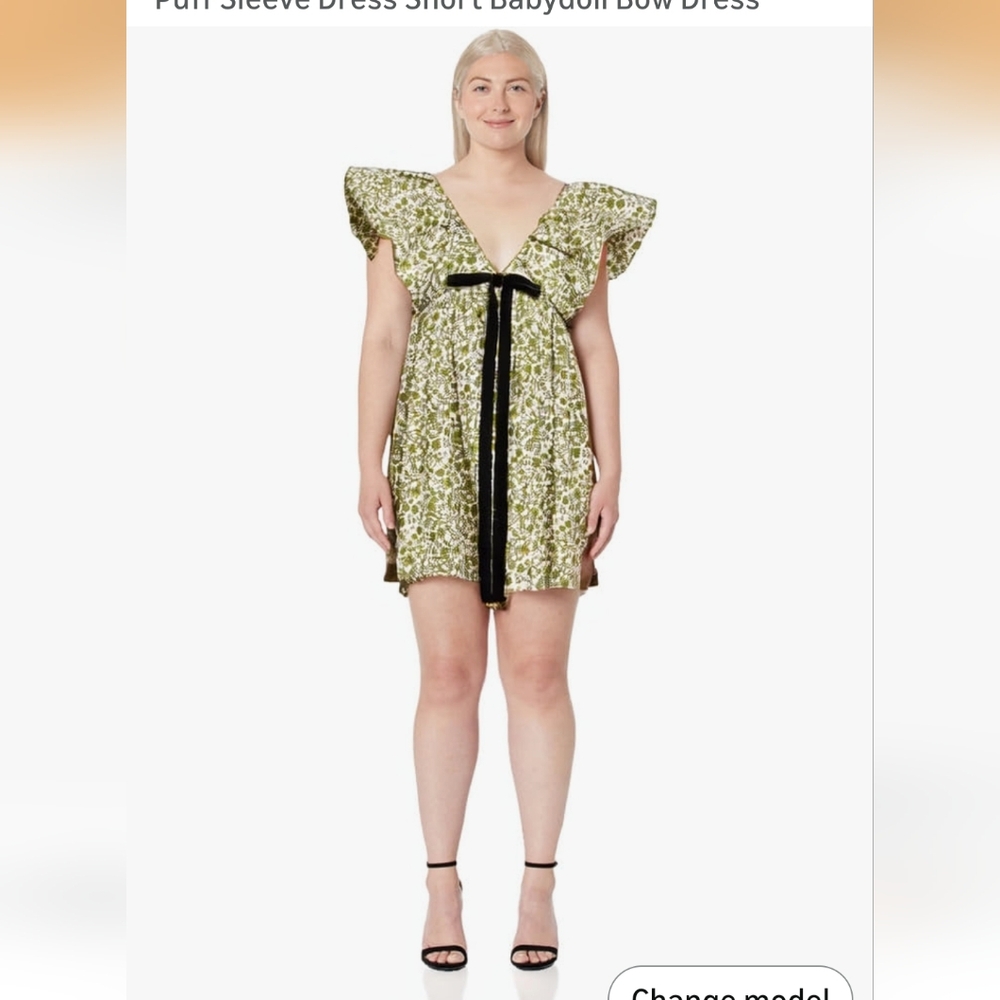 Green Floral Patterned Mini V Neck Puff Sleeve Babydoll Dress L - Picture 12 of 15